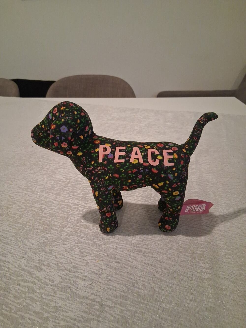 Victoria Secret Pink Black Floral Print Peace Puppy Dog Stuffed Animal Peace